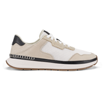 Koke sneaker in bright white and ecru with black heel counter and trim, mesh and suede upper, white midsole, and tan rubber o
