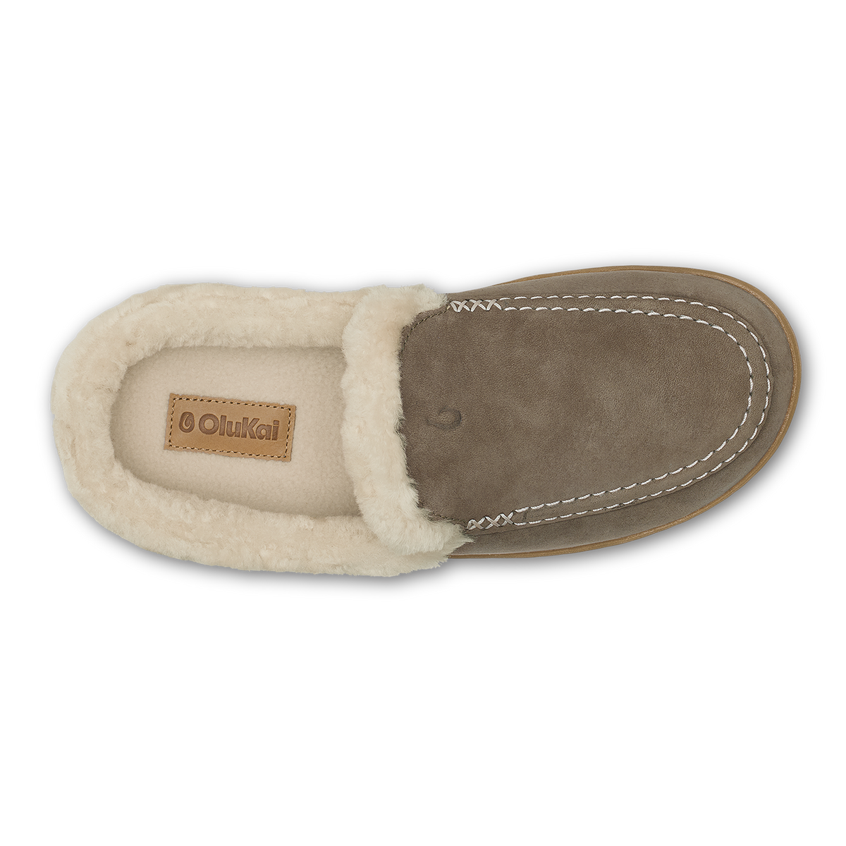 Walnut suede slipper with cream fleece lining and white contrast stitching, top view.