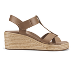 Tan leather wedge sandal with crossed straps, ankle strap, and woven espadrille sole.