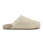 Ecru and taupe grey suede slipper with fleece lining and decorative stitching detail.