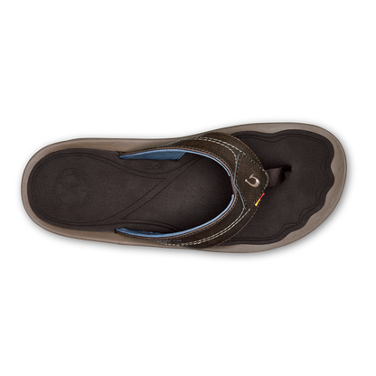 Dark flip-flop with gray sole, black upper strap with white stitching, and blue accent lining, shown from above.
